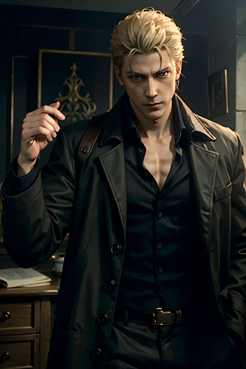 ((Exquisite detail, masterpiece, best quality))
by ReAlbert Wesker, 1 man, alone, blonde, Grab the collar of a coat