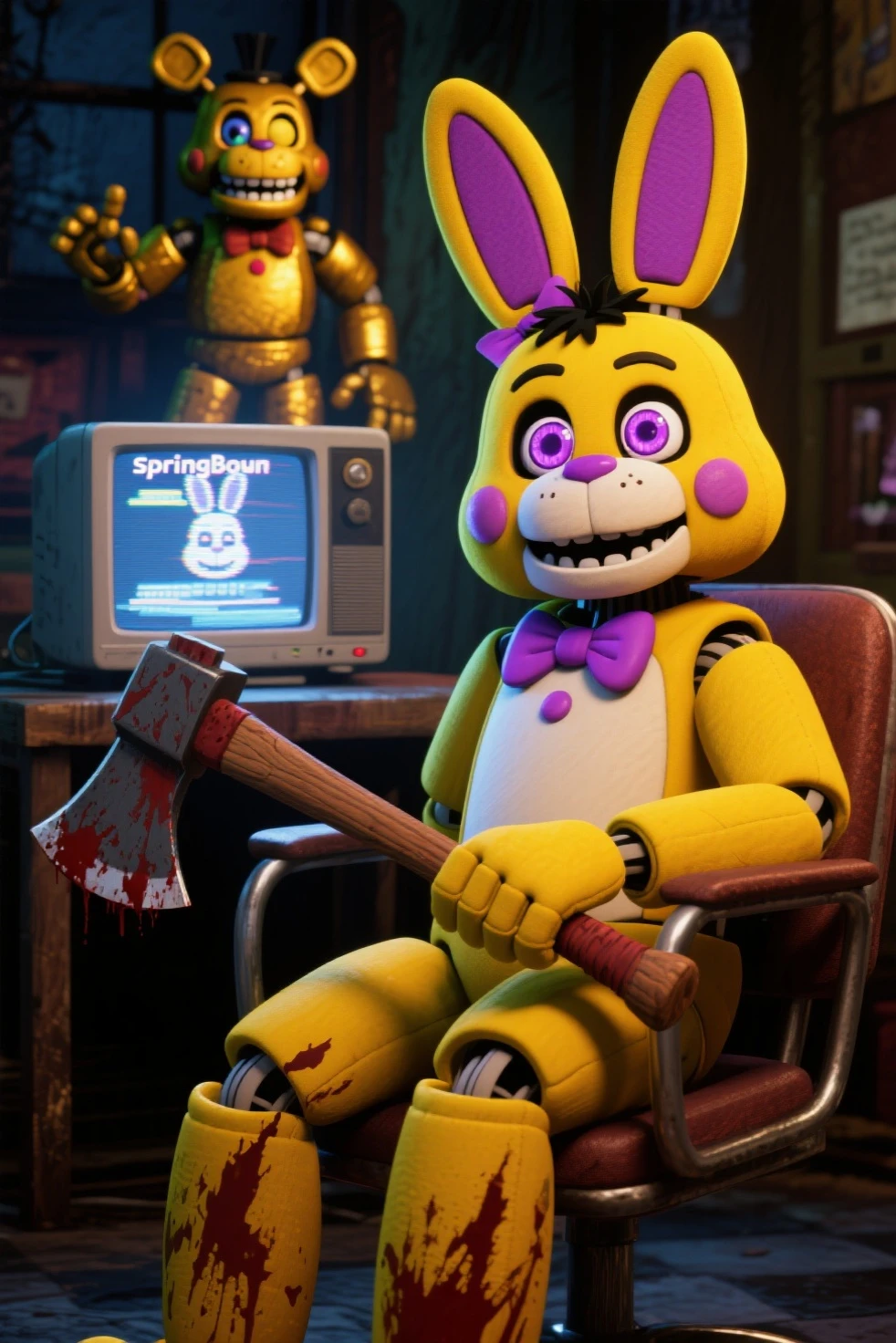 (best quality,highres:1.2), realistic, detailed illustration, Toy Bonnie from Five Nights at Freddy's, playful and vibrant colors, cute and friendly expressions, adorable and fuzzy texture, in a style for kids, with emphasis on the facial features such as big round eyes, a small button nose, and a wide smile, showcasing its charming personality, joyful and energetic pose with its feet visible, a large realistic intricate detailed penis,highly detailed veins,extremely detailed skin.