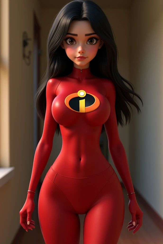 ripped skintight red and black clothes with the incredibles logo on, tall black shiny boots. black mask around eyes, long straight black hair, blue eyes, cleavage, sexy violet parr, masterpiece, high res, 32k (perfect anatomy:1.5), perfect legs, perfect arms
