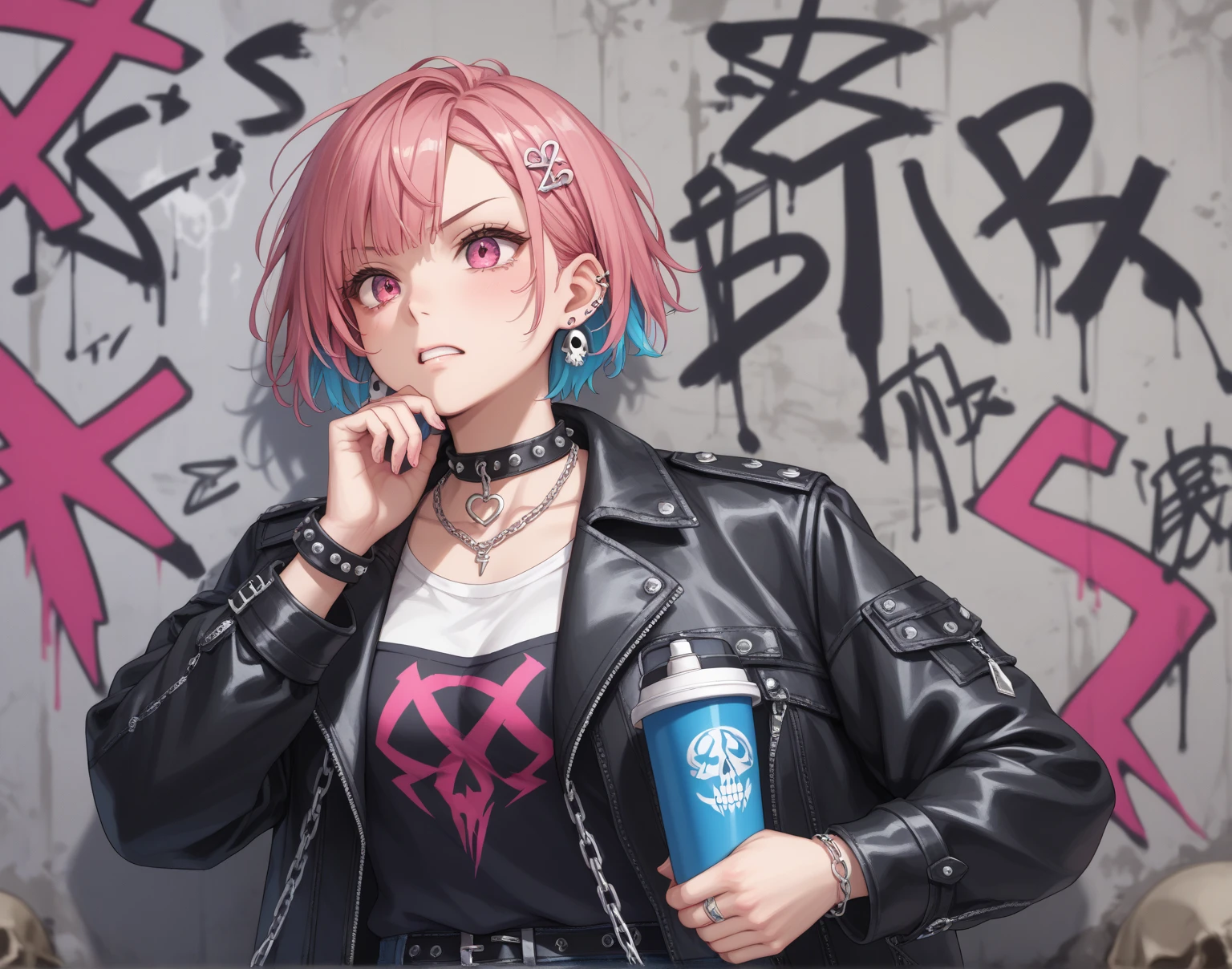 Young men,vampire,fang,plaid,Purple lattice,Y2K,Emo style,non-mainstream,Mines are boys,Harajuku style,Exaggerated dressing,Intricate ornaments,Rock style,Gothic style,rivet,ear ring,two tone hair,Pink and blue hair,Half-cut gloves,Metal jewelry,Blood,Maniacal laughter,Sick,male,Underground idols,Male PR