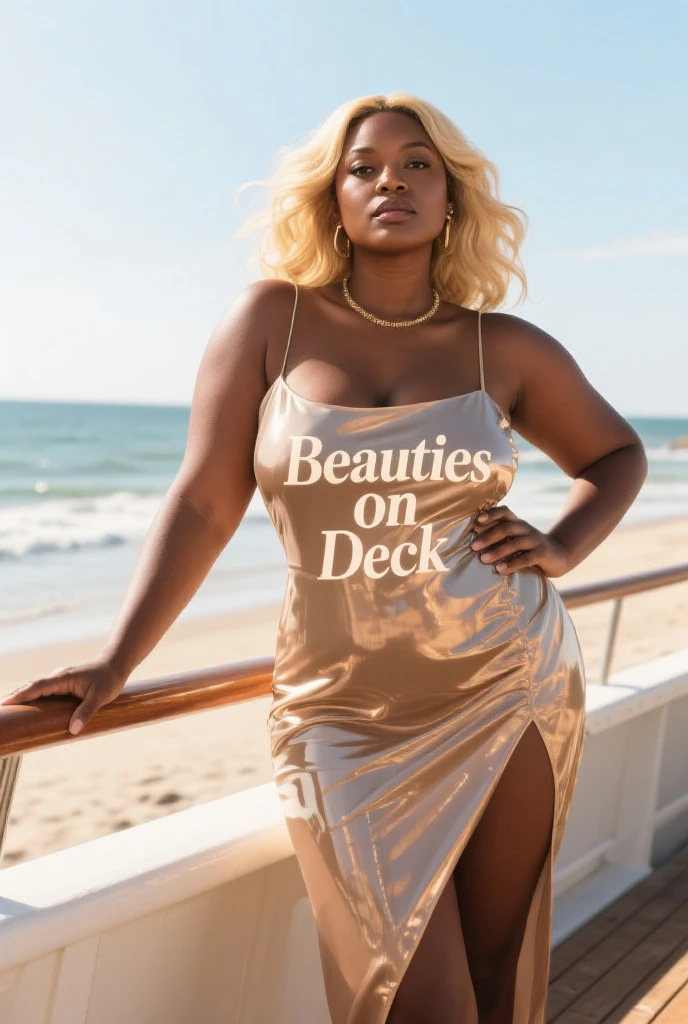 Portrait photo for identification purposes: RAW UHD portrait photo of a 28-year-old individual with African and Brazilian heritage, featuring blue eyes and blonde braids. huge breasts. The subject exudes confidence and allure in a sleek, evening gown, hugging her curves in all the right places. Set against the backdrop of a luxurious yacht at sunset, she strikes a pose that emanates elegance and sensuality.
The camera, a Nikon Z6, expertly captures her captivating beauty, ensuring sharp focus and meticulous attention to detail. The soft, natural light of the setting sun bathes the scene, adding a warm glow to her features without revealing her nails. The composition highlights her magnetic presence against the backdrop of the shimmering water, evoking a sense of sophistication and luxury.