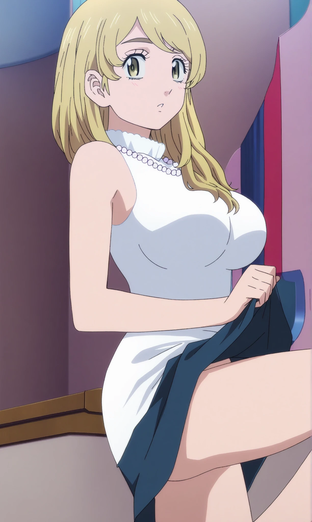 1girl, aaichika, tiara, bridal veil, necklace, cleavage, wedding dress, strapless dress, white dress, white gloves, elbow gloves, from below, skirt lift, white panties, bare legs,, masterpiece, best quality, highly detailed, beatrix amerhauser, long hair, blue eyes, blonde hair, gloves, ponytail,