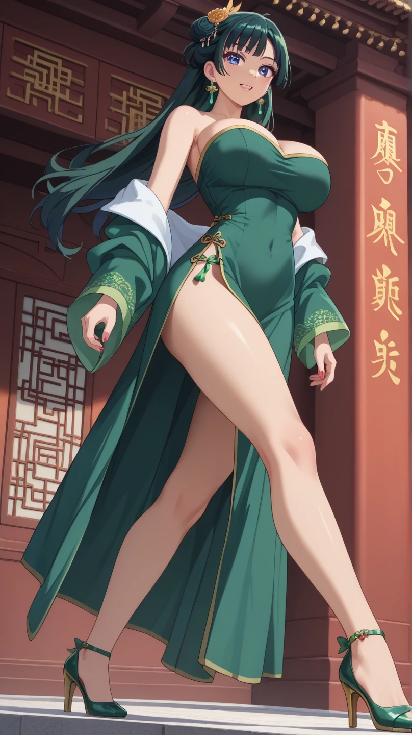 Cute girl, green hair, one gray eye and the other eye was cut like a scar, three swords, full body, An injured eye, Satan, sexy body, sexy, Loose Japanese clothing