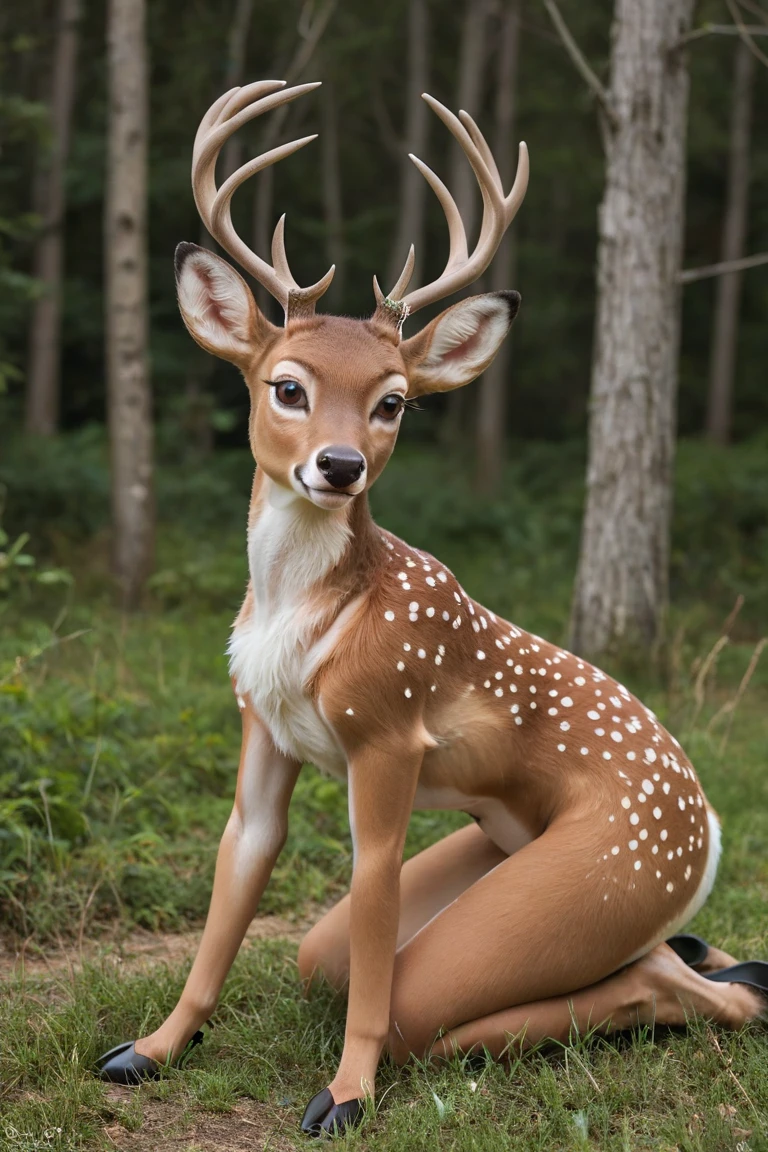((best quality)), ((masterpiece)), (detailed), perfect face, A digital illustration of a mythological creature with the upper body of a woman and the lower body of a deer, lying in a modern living room. Her eyes are human-like. The lower deer part has a thicker, tawny coat with prominent white spots, and the fur texture appears soft. The hind legs are notably more muscular and thick, giving a sturdy appearance. pussy. human face, (lower deer body), hooves.