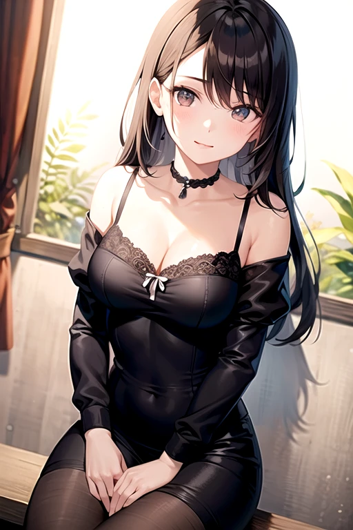 ((highest quality)),(ultra high resolution),(Super detailed),(detailed description),((best CG)),(best work of art),super precision art,great drawing art,(Art with precise details:1.5), Portrait:1.6,bust shot:1.4,(1 woman:1.5),beautiful and well-shaped face:1.5,(Dress with flowers on the chest:1.5)、 Japanese、girl,Slender、small face、brown eyes、tall、 highres,black hair、long hair、classroom、black lace bra、black panties、17 years old、Sitting at a desk、Mature
