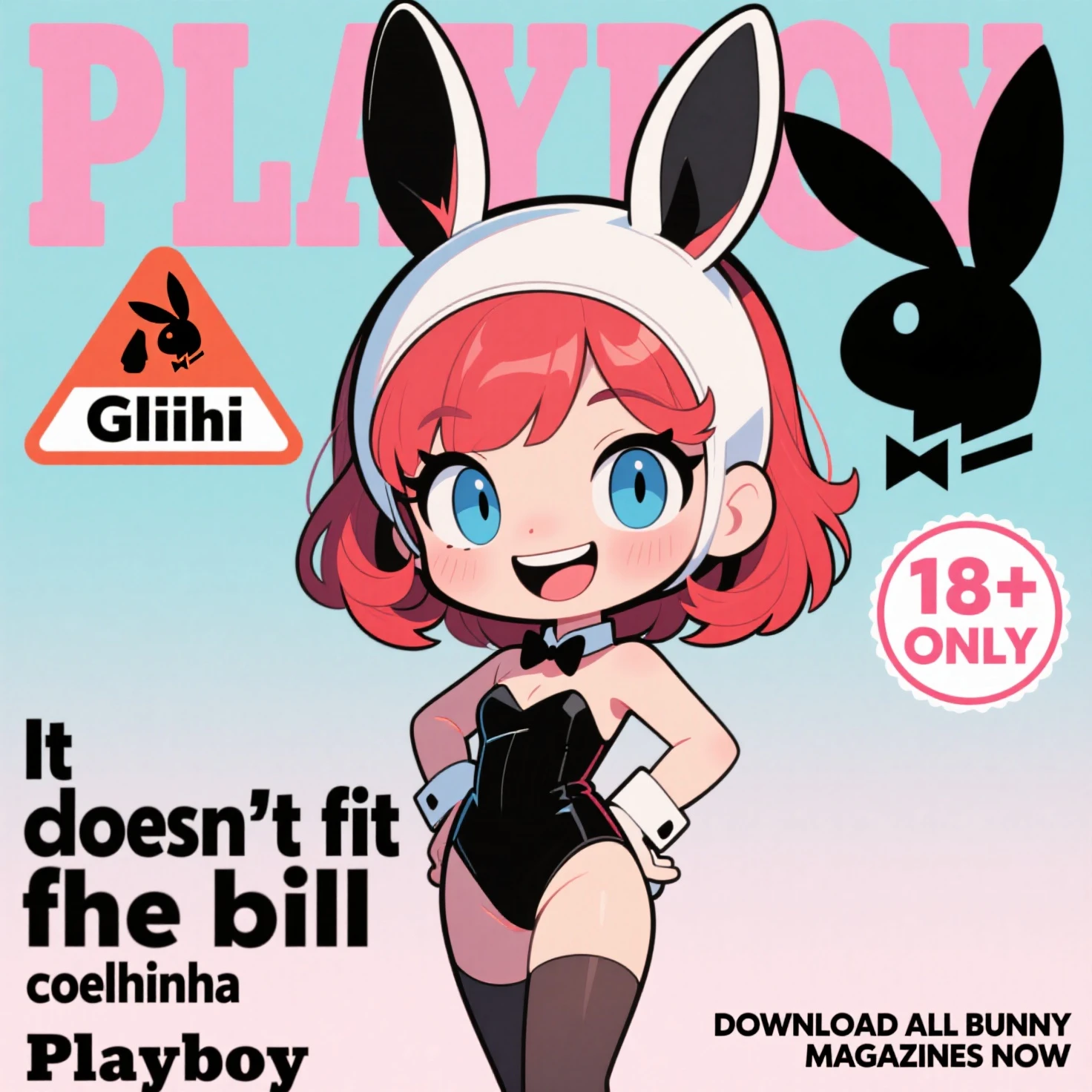 Score_9, score_8_up, score_7_up, zPDXL2 BREAK
magazine cover, blacked background, pink background,
TinaRussoSDXL, black eyes, duck beak, eyelashes, yellow skin, brown hair, furry female, blackedwear, blackedtext, blackedstrip, black sports bra, black panties, standing, (portrait:1.1)