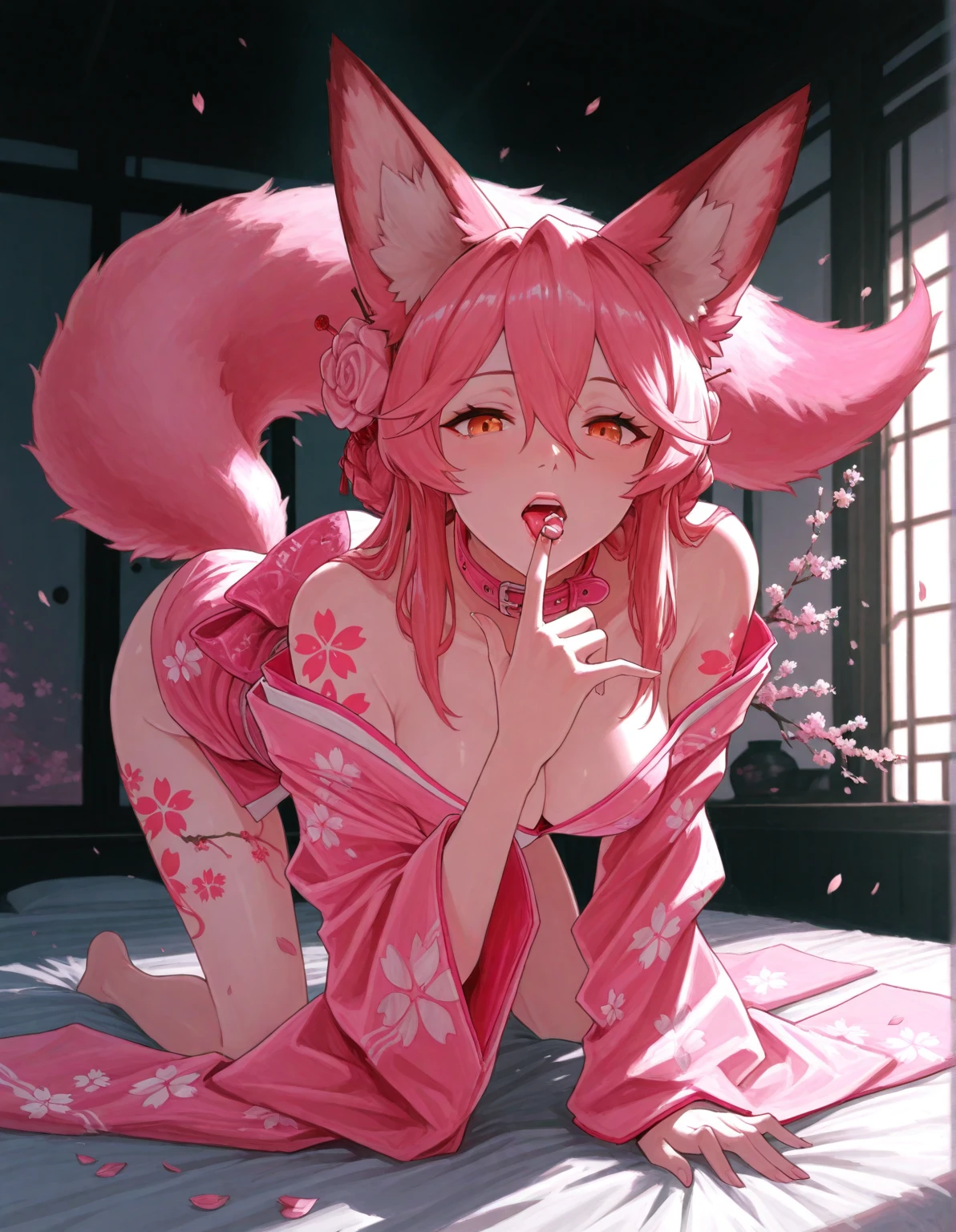 masterpiece, high resolution, high quality, NSFW, seduction, bedroom, morning, pink kimono, big, cat ears, floral, heterochromia, red hair, long hair