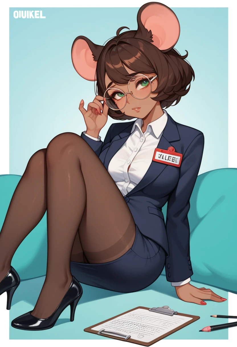 A girl with a rounded and youthful face, with soft features
Large and expressive eyes, dark brown in color. Her eyes are framed by long, curved eyelashes and she wears round green glasses
Eyebrows Naturally shaped and slightly arched, in a dark brown tone that matches her hair
Nose Small and slightly flattened, giving her a sweet and friendly appearance.
Her mouth has thin lips with a kind and sometimes curious smile. Her smile is usually wide and expressive.
Dark brown curly and voluminous curly hair, with curls that fall messily around her face and down to her shoulders
Her body is Slim and youthful in build, a little robust with little chest and big hips Dark skin
Dressed in transparent blue erotic underwear
(((character sheet))) ((various views)) ((front and back) (Face detail) (full body)