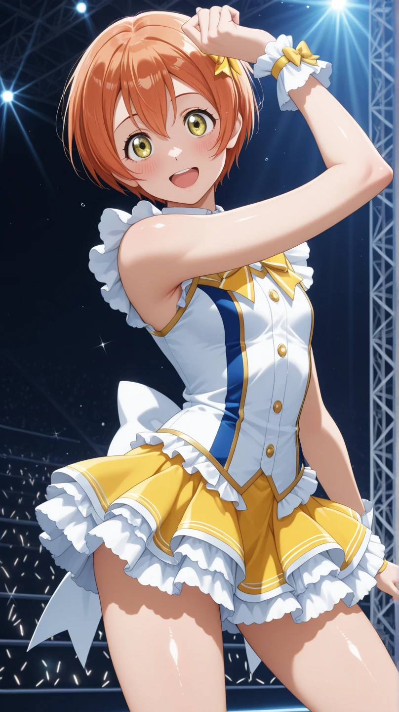 score_9, score_8_superior, score_7_superior, score_6_superior, sauce_anime, One person, Honoka Kousaka, lovelive!, score_9, score_8_superior, score_7_superior, score_6_superior, sauce_anime, blue eyes, Orange Hair, Medium chest, Side Ponytail, Medium Hair, Idol, dancing, noon, stage, Outdoor, sunlight, Idol衣装, White panties, Panty shot, alone, Skirt that flips up big, smile