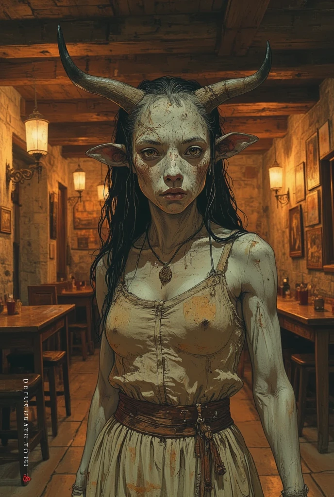 painting of a woman holding a demon on her head, Krampus, chtulhu, Saturn devouring his son, we see them, portrait of demons, horned god, satyr, wendigo, por Todd Lockwood, Bafome,