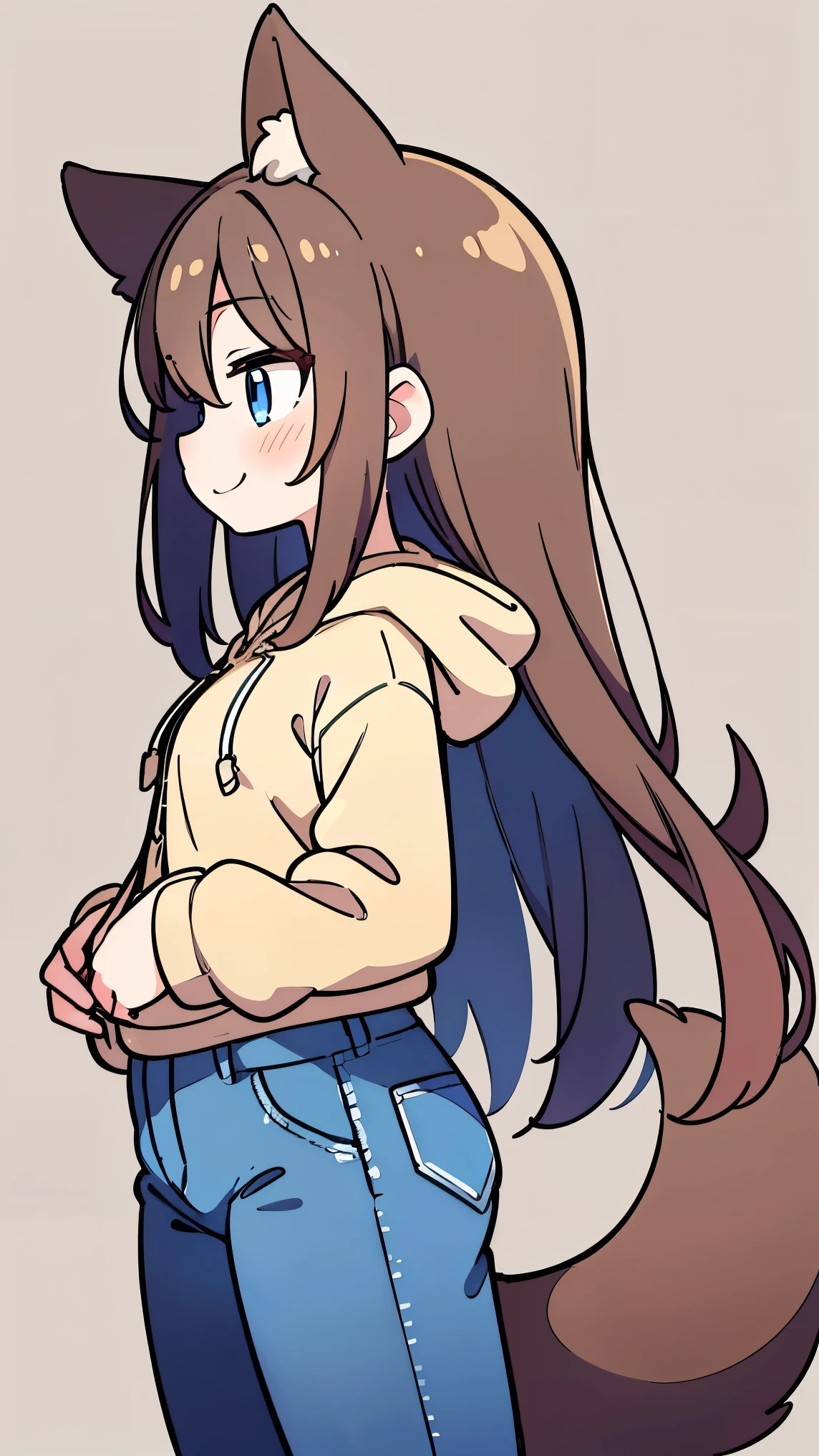 anime style、 cute face、 Female 1、 fox ears、 caramel brown hair、tail、long hair、 beige hoodie、jeans、blue eyes、smile、uterus、Profile、profile