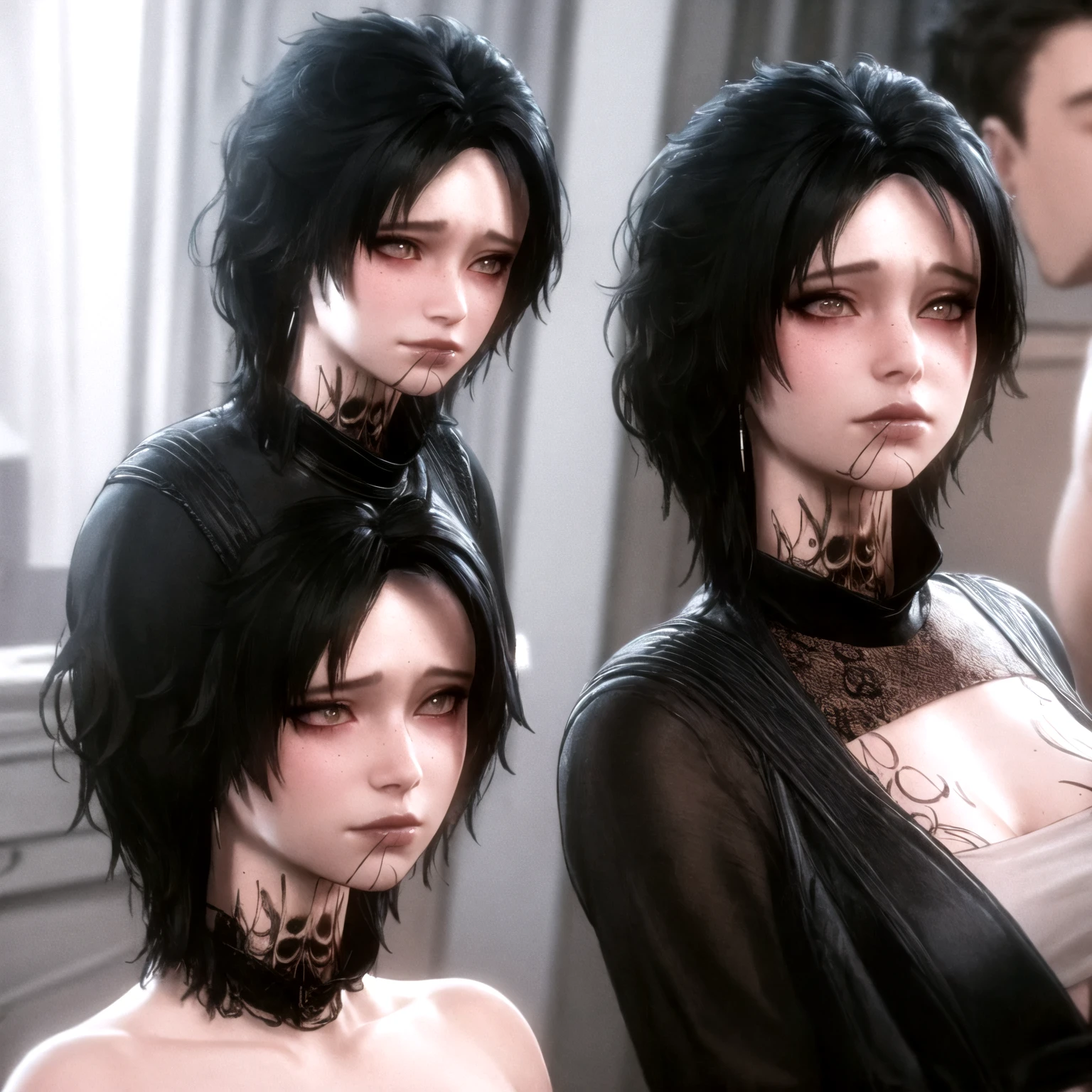 evelyn, black hair, messy hair, short hair, blurry, clothing cutout, blurry background, portrait, solo, evelyn, black hair, messy hair, short hair, blurry, clothing cutout, blurry background, upper body, solo, finger in another's mouth,open mouth , tongue, teeth, tongue out, pov,