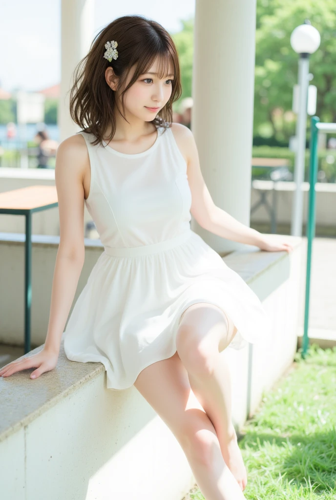 (((Small))),Side Shot,masterpiece, highest quality, High resolution, wallpaper, Realistic, Bright lighting, Professional Lighting, Face Light, Smooth lighting, Japanese Girls, ((Whole body 1.4)),Are standing, cute, smile, beautiful girl, gravure, sexy, so beautiful, Beautiful Skin, Beautiful and detailed、Detailed face、slim、Moderate, short hair, Blonde Hair, Brown Eyes, View your viewers,Tennis player costume,mini skirt,sit,(knee up:1.3),Pink Panties,Panty Shot,Small,Bare legs,