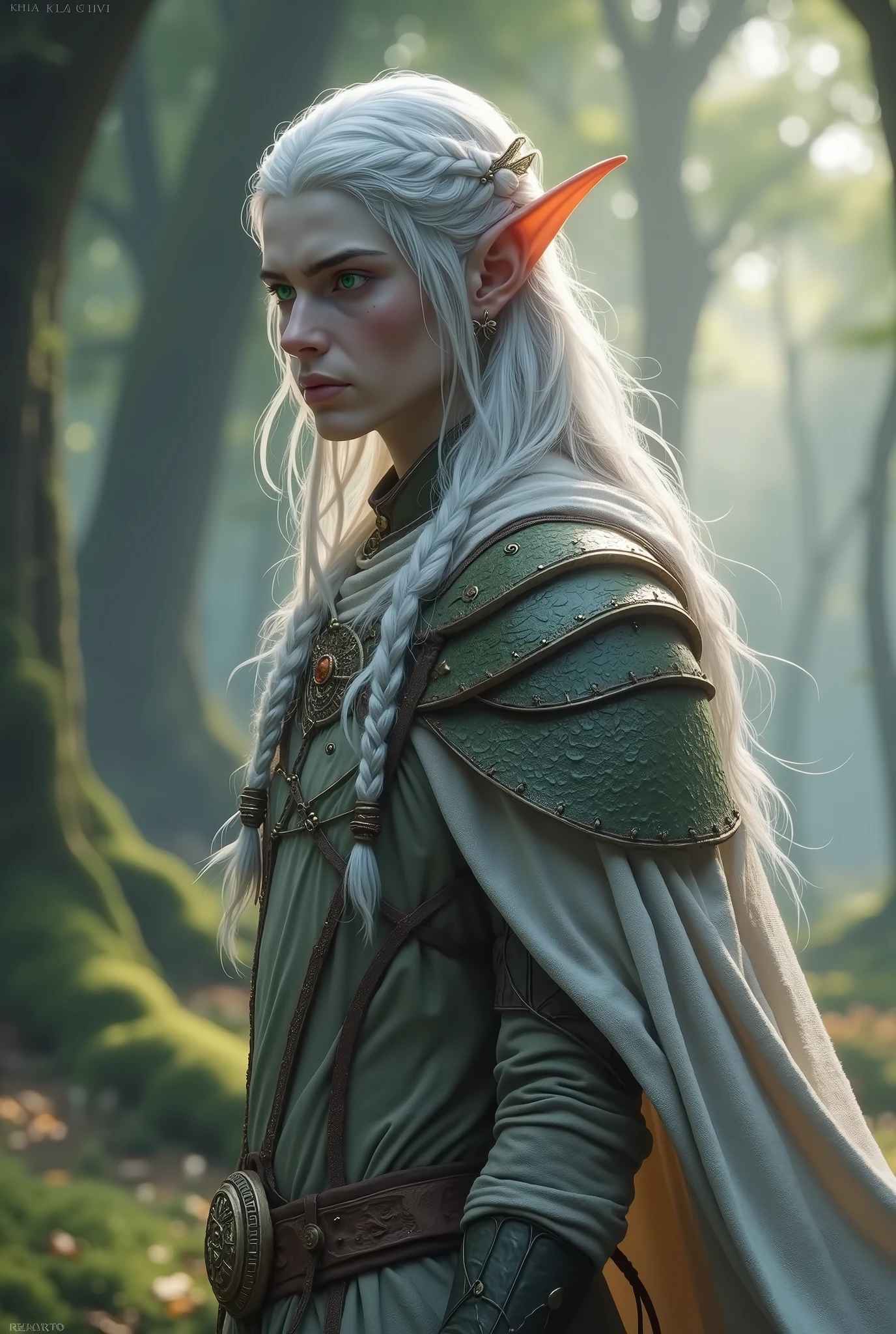 De perfil, The male elf seemed to have been sculpted by nature itself. His features were refined, of an almost supernatural symmetry, as if every curve and line of his face had been drawn by divine hands. A pele, as clear as ivory bathed in moonlight, exuded a subtle glow, barely noticeable, but sufficient to make it etheric In the eyes of mortals. The well-defined jaw and the elegant noses formed a harmonious silhouette, marked by an ancient tranquility. Seus olhos, even when viewed from the side, they carried depth. of an emerald green hue, they seemed to contain vivid reflections of sacred forests and ancient rivers. In them there was an intimate knowledge, an ancient melancholy that only elves knew — a serene sadness for everything that time takes and never returns. The half-closed eyelid did not denounce tiredness, but contemplation. He observed the world with the patience of someone who had seen entire ages born and died. Your hair, long and silvery like moonshine, fell softly on the shoulders, flowing with the wind like enchanted silk. Some small braids, adorned with amber beads and dry leaves, revealed its connection with the ancient elvish rites. The pointed ear, partially visible , it was like the tip of a leaf sculpted in living flesh, elegant and precise. He wore a cloak of earthy tones, with details in moss green and muted gold. The light fabric undulated with each breeze, almost as if breathing. over the shoulder, a carved wooden shoulder blade symbolized his clan — a tree with deep roots and branches open to the sky. His posture was erect, firm like an ancient oak, and yet soft. He didn't move... he observed. The world was noise. He was silence.