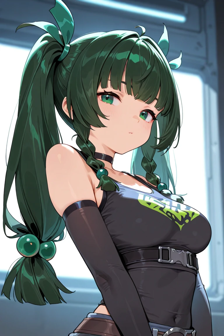 1girl,solo,super detailed skin,shiny skin,serious face,Clenching teeth,open mouth,green hair,sidelocks,double bun,eyelashes,lips gloss ,large breasts,fullbodysuit,fishnet arms,cleavage cutout,ninja clothes ,fighting stance,cowboy shot,wind magic,simple background,masterpiece,best quality,ultra detailed,high resolution,sharp focus