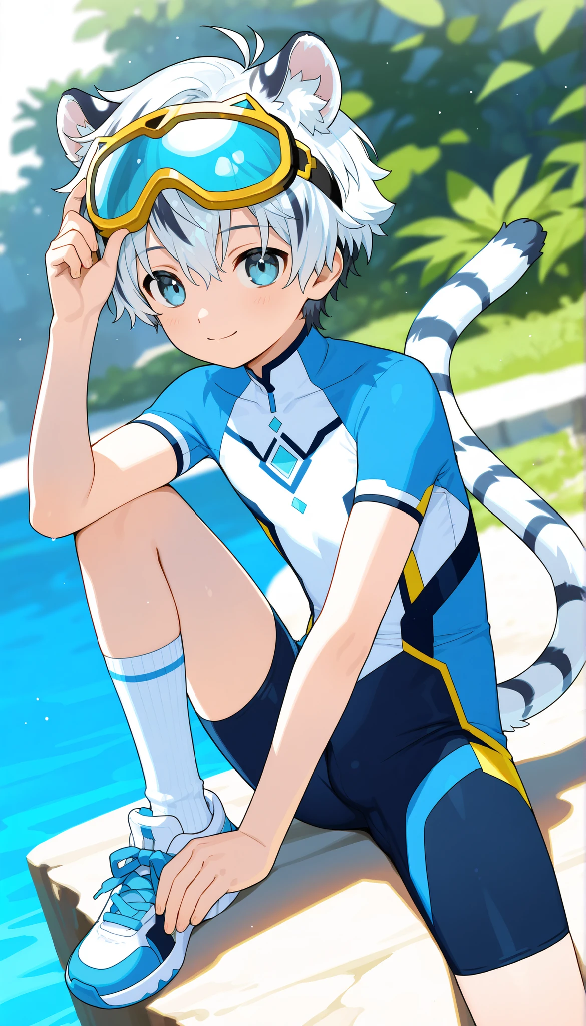 a boy, short hair,cute,一个棕发的穿着白色裤袜的 Shota, wearing goggles on the head, White Tiger Ears , masterpiece, best quality ,male focus, Shota,summer,Short sleeve,cowboy shot,Little Hero,happy,(( white socks)),sneakers,shota wearing a white form-fitting bodysuit with a futuristic design featuring blue and white colors along with stylized graphics. The person's left hand rests on their torso, capturing the length of the body. The background shows a striped bedspread and indoor surroundings. Natural lighting softly illuminates the scene from the left, with a calm and relaxed atmosphere.