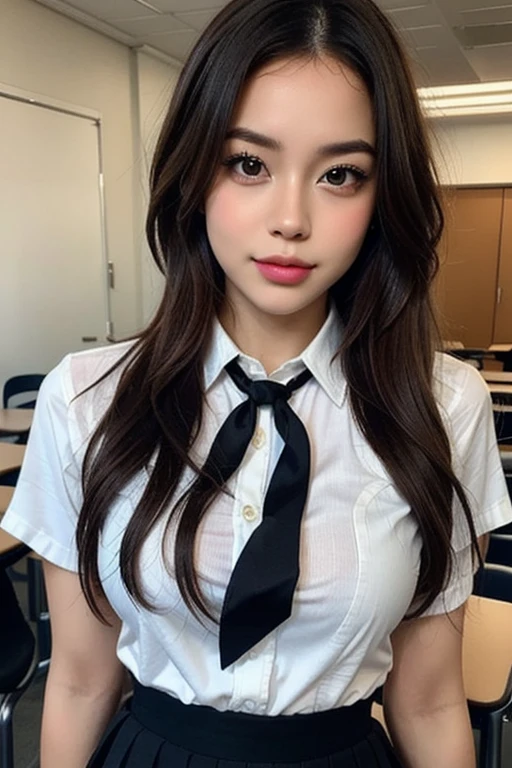 A beautiful Indonesian woman with natural beauty and big breasts is standing in a classroom. She has a wet body, as if she has been soaked in water. The scene is vibrant with vivid colors and bokeh effects. The woman has long dark hair and radiant skin. Her beautiful detailed eyes and lips enhance her overall attractiveness. She is wearing a student uniform, suggesting that she is a student. The lighting emphasizes her features and creates a captivating atmosphere. The artist focuses on capturing the woman's sensuality and the unique charm of the classroom environment. The artwork aims to depict the beauty of the Indonesian woman while exploring the aesthetics of wetness and moisture. Pubic hairs are depicted as part of the woman's natural beauty, adding to the overall realism and attention to detail. The artwork strives for the best quality, with high resolution (4k, 8k) and ultra-detailed rendering. It captures the woman's beauty in a realistic and photorealistic way. The color palette and lighting enhance the overall visual impact, creating a mesmerizing and engaging artwork.