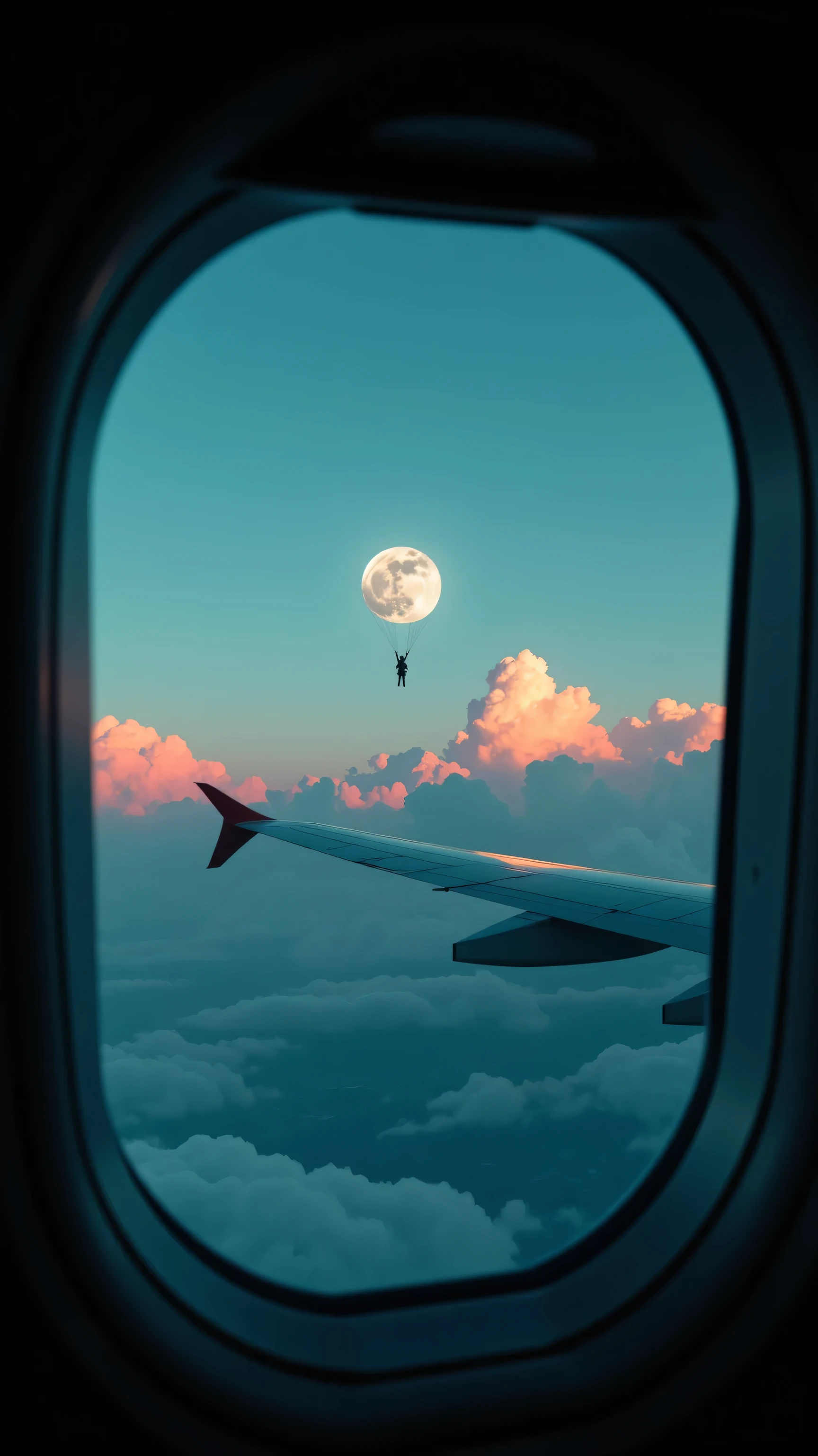 8k, Masterpiece, Top Quality, surreal scene, view from airplane window, silhouette of person parachuting using a bright detailed full moon as the parachute, airplane wing in foreground, dusky teal blue upper sky, pink and orange sunset clouds on horizon, backlit.