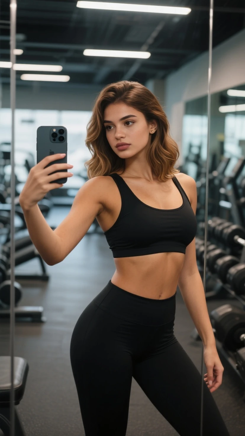 RAW Photorealistic photo of a woman posing in a gym with matching black yoga tank top and pants, medium messy purple hair with slightly faded dark roots and slightly faded pink ends, ombre, with green eyes, portrait sophie mudd, Best quality, 1girll, selfie of a young woman, no makeup, natural makeup, Look directly into the camera, face with artgram, Great full body photo, Being in the room, Perky medium sized enhanced breasts, beautiful hands, toned body, perfect face, slim athletic body, (perky medium rounded breasts: 1)