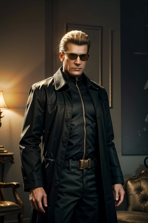 AlbertWeskerRE, 1boy, solo, male focus, sunglasses, gloves, blonde hair, coat, black gloves, simple background, grey background, zipper, belt
,masterpiece, best quality, cinematic lighting,
<lora:epi_noiseoffset2:1>, <lora:AlbertWeskerRE:0.7>