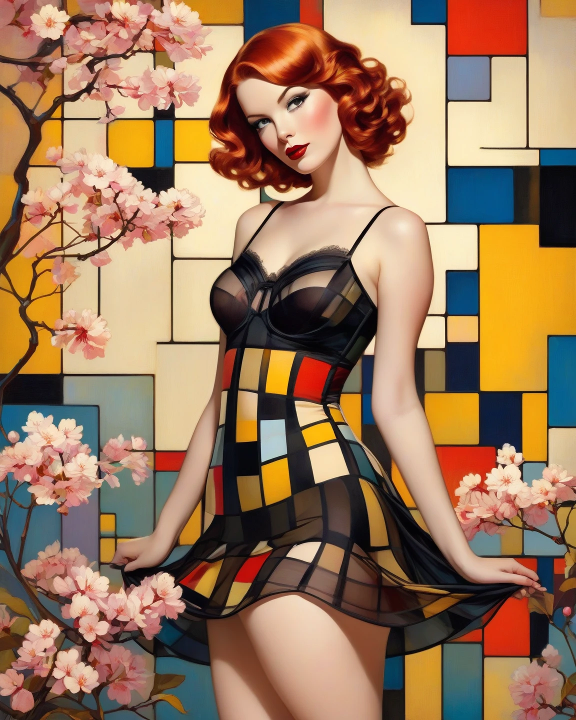 nsfw, ., . , full body , thin twenty year old woman with small breasts, art nouveau painting by alphonse mucha, Constance Cummings mixed with Shae D'lyn mixed with Terri J. Vaughn, woman, auburn haired, pixie cut hair,, Photograph by Mel Kilpatrick,, Halloween, Stylist,, sexy clothes, saddle brown, sleek ,, satisfied,, wry,, twisting,, eyes half closed, curled up,, top view