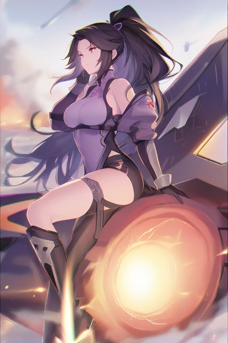 brown hair to shoulders, big breast, furutistic torn black revealing clothes with red details, villain, female sitting pose, pic above from knees, with futuristic city background in the sunset, two legs only