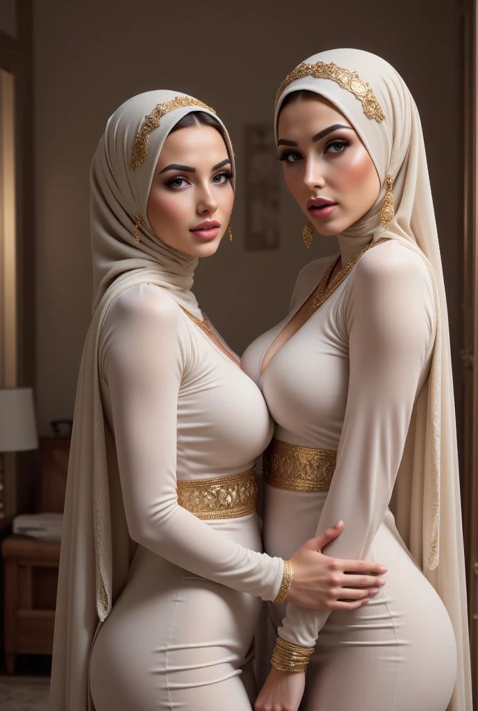 An evil lusty seductive voluputous woman with perfect body in hijab cuddling naked with a righteous knight. Both are kissing naked.