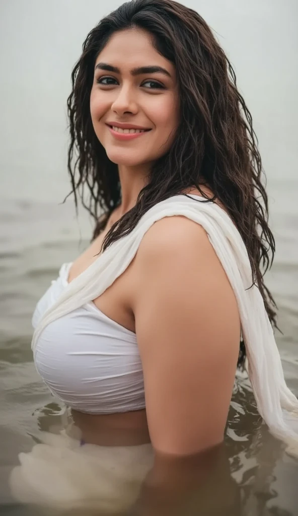 A beautiful, big-breasted woman wearing a light blue tight dress that says "touchable" is so sensual with a happy face and light laugh, taking care of her who was just about to plant a bath in a wide river with a beautiful volcanic background.