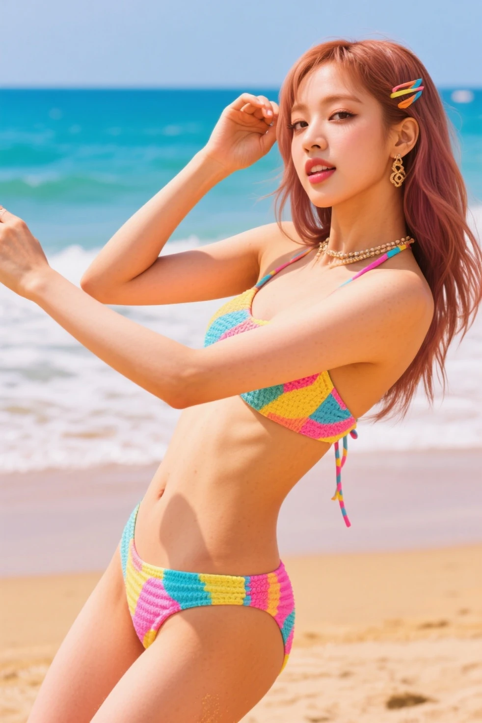 Amidst the lively atmosphere of a beachside music festival, a group of friends gathers to enjoy the sun, sand, and sounds of the ocean. Among them, a girl stands out with her eye-catching y2k-inspired outfit, perfectly suited for the occasion. She wears a colorful crop top adorned with playful beach-themed motifs, paired with breezy, tie-dye shorts that flow with every step. Her blonde curly hair is styled in beachy waves, framing her sun-kissed face with effortless charm. As she dances to the rhythm of the music, her laughter rings out over the crowd, blending seamlessly with the sound of crashing waves. With each movement, she embodies the carefree spirit of summer, spreading joy and positivity to everyone around her.
