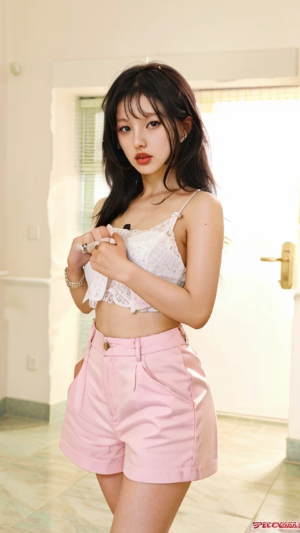 A female junior high school student is standing normally,Beautiful Face,Ultra HD,Perfect Face,From the groin up,Beautiful busty girl,Thick thighs,Very shiny skin,Cute face,Beautiful nipples,pubic hair,Pussy,Simple pink background,from the front