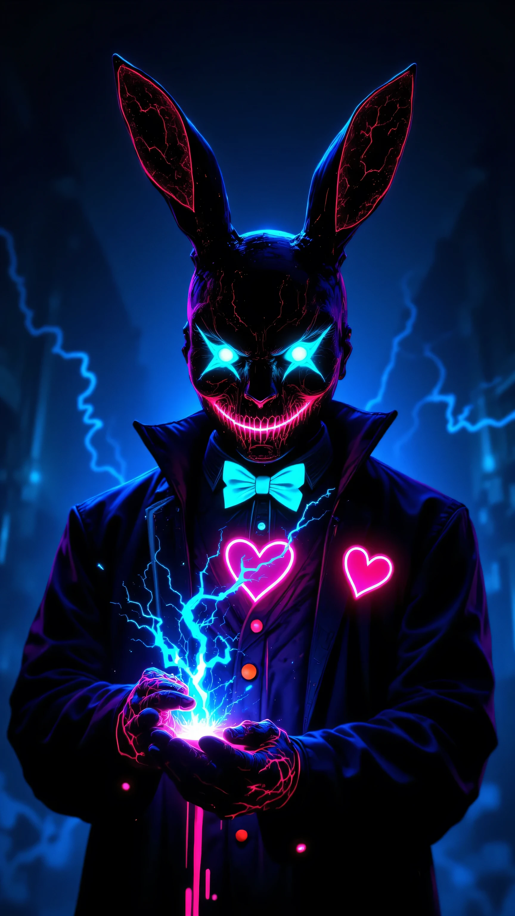8k, Masterpiece, Top Quality, medium shot, eye-level, figure wearing stylized black rabbit mask with one glowing cyan ear and one glowing pink ear, glowing cyan and pink eyes, glowing stitched grin, black jacket with glowing neon pink heart detail, bright neon cyan bowtie, holding a glowing cyan grenade emitting electrical sparks, dark background, vibrant neon lighting, high contrast.