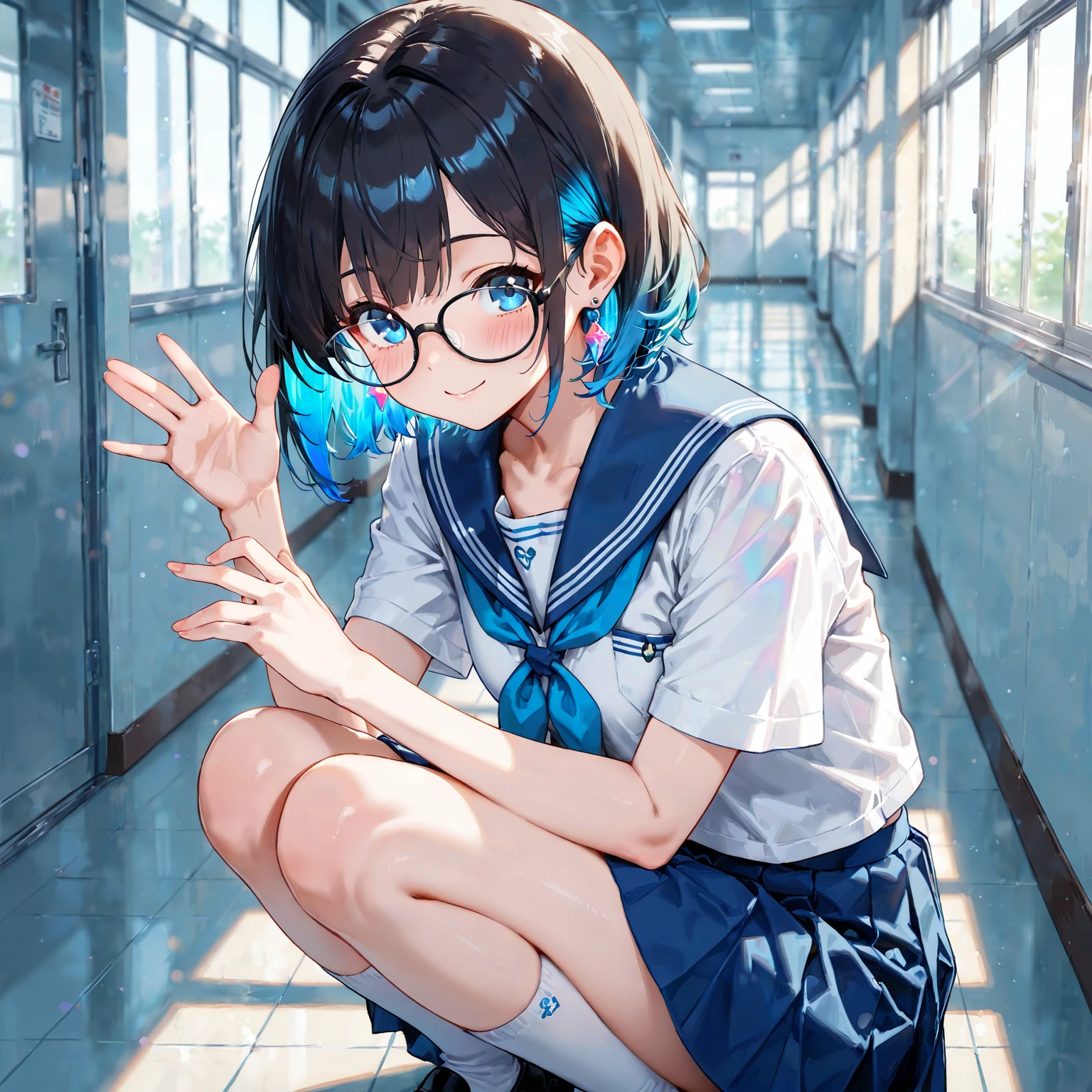 (masterpiece), ((highest quality)), (super detailed), 1 girl, (iridescent hair, colorful hair), school hallway, blue eyes, big black-rimmed glasses, medium short hair, squatting, 15 years old, school uniform, skirt, socks, seraphk, neckerchief, sailor color, pleated skirt, white socks, blue skirt, short sleeve, shirt, white shirt, blue sailor collar, blue neckerchief ,, Blush, bangs, smile, blue eyes, perfect hands, hand details, corrected fingers. earrings, looking_at_viewer, cowboy shots, top quality, rich details, perfect image quality,