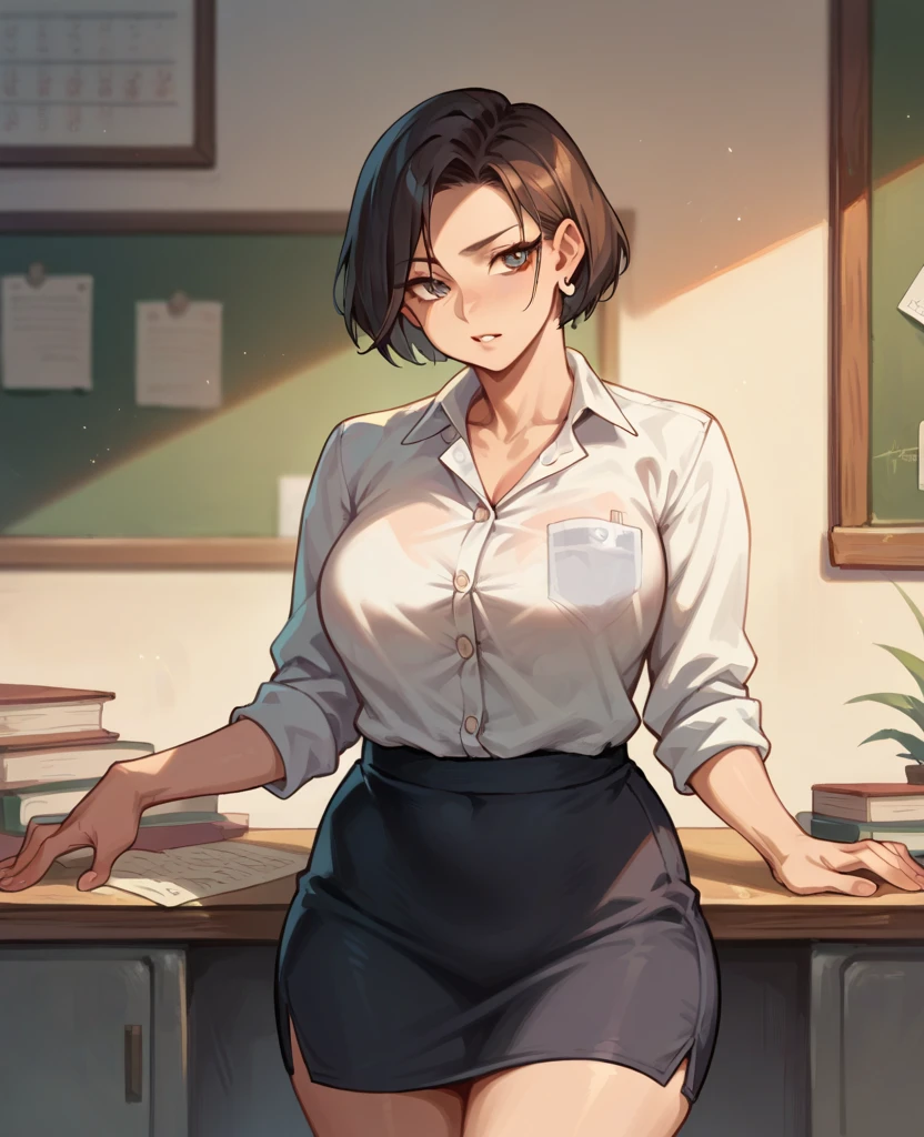 ((mature woman)), blush, skin fair, Button-down shirt, Long pencil skirt, wearing glasses, braided black hair, beautiful face, 가슴, sensuous, (provocative look), pose sexy, highest quallity,sitting pose, (fund: Sitting on the office table)