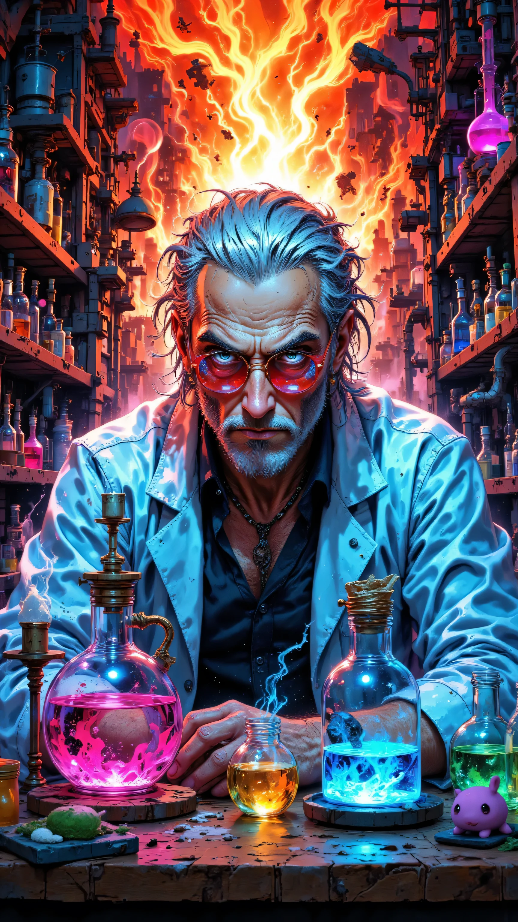 8k, Masterpiece, Top Quality, medium shot, eye-level, elderly man, slicked-back grey hair, grey goatee, wearing bright red glasses, electric blue lab coat, braided necklace, looking directly at viewer, behind cluttered laboratory workbench filled with flasks containing glowing pink and blue liquids, chaotic background of vibrant fiery orange and red energy bursts and stylized lab equipment, vibrant chaotic lighting.