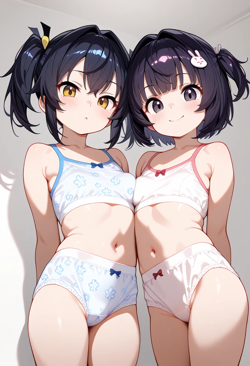 front view,2girl,Beautiful girls aged 14 and 12,two people standing side by side,Japanese,Small and slim,Flat Chest,Small breasts,Baby Face,Small face,Row Twin Tails,Black eyes,middle School girls,Sexy Lingerie,open mouth,tongue out,front face,Kneeling and sitting,Hands behind back,Beautiful and detailed anime art,Ecstatic expression,front view,high angle, looking at viewer, looking ahead, from above,face focus,Sexy vibe,cum on tongue,On the bed,Dimly lit room