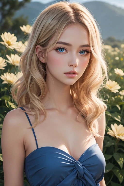 (Highest Quality,4K,8K,High Resolution,Masterpiece:1.2),Super Detail, (Realistic,Photorealistic,Photorealism:1.37),Full Body Portrait,One Girl,Perfect Hourglass Illustration,Exquisite Features,Mysterious Eyes,ColourfuFloral Dress,Bare Shoulders,Blushing,Shy,Blonde Long Hair, Looking at audience, Large breasts, Depth of written border, High definition image, Thin waist