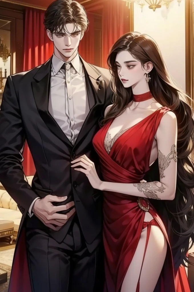 In this captivating, ultra-detailed scene, a heavenly dark couple is enveloped in a moonlit romance. The woman, adorned in a satin red dress, embellished with intricate gold details, reflects the elegant allure of the night. Her long, black hair cascades down her shoulders, framing her purple eyes that glow softly like dragon pupils under the moonlight. The slim, thin girl affectionately leans against her imposing, muscular partner, her lips glossed in a shade that mirrors the sensual atmosphere.
The man, a picture of imposing elegance, dons a dark black suit, the gold details contributing to a sensual contrast