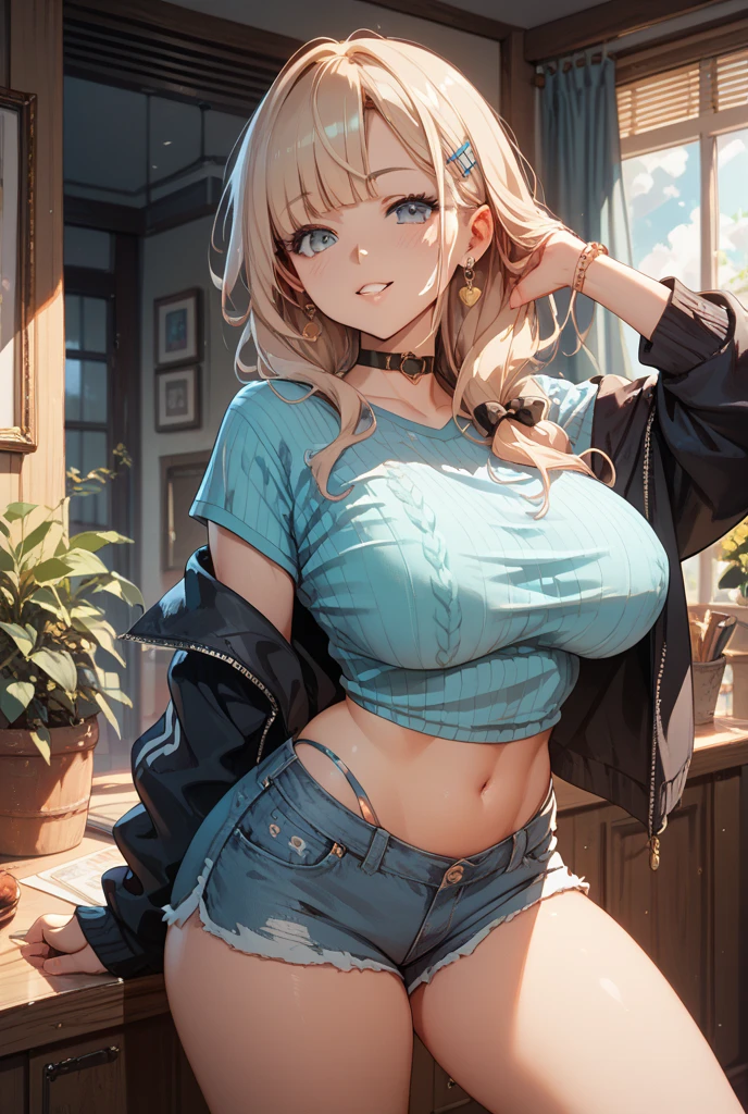 (masterpiece, best quality:1.1), (1girl, solo:1.12), blue shirt, black tube top, denim shorts, blonde hair in a braid, blue eyes, smile, looking at viewer, portrait, parted lips, bursting breasts, gigantic breasts, cameltoe, indoors