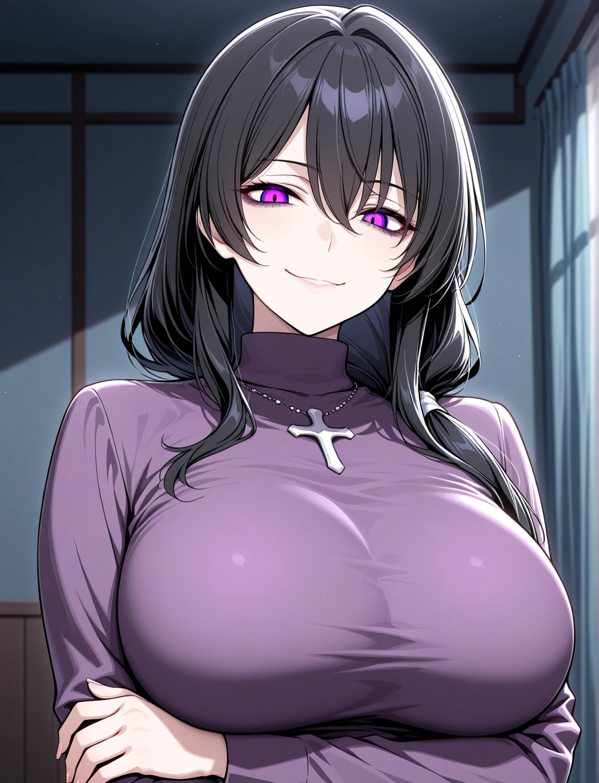 1 milf & 1 man, purple and slightly black hair, clothes off, cynical look, angry face, white background, erotic, full body, sex scene