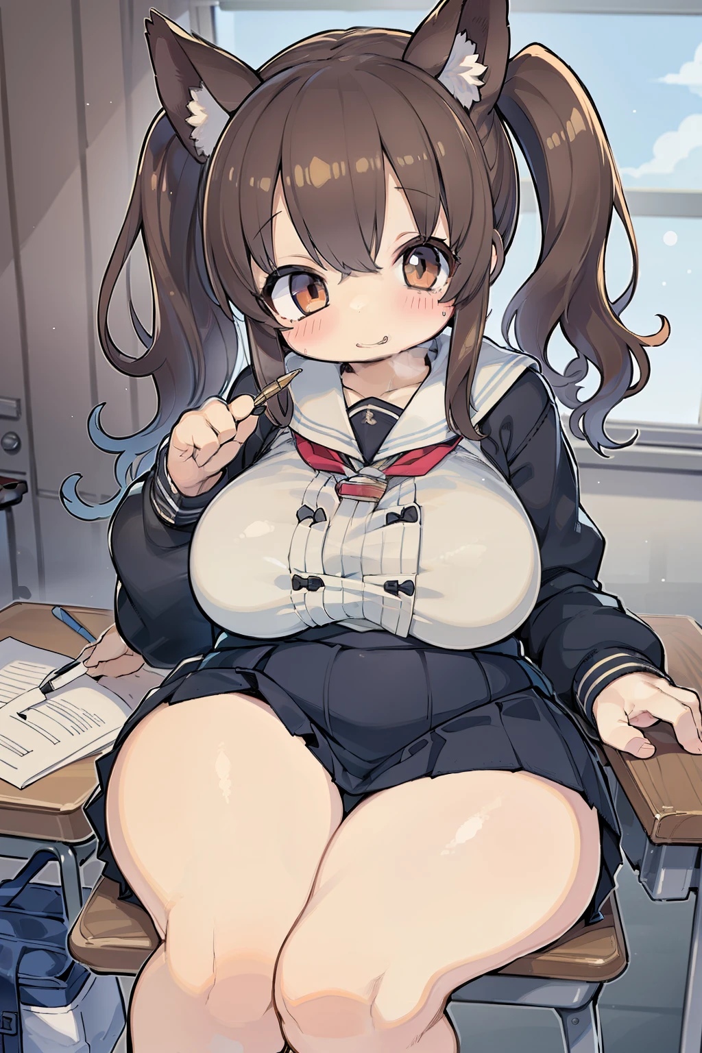 highest quality、High resolution、detailed background、anatomically correct、detailed beautiful face、cute age girl、brown hair、braided bob、braided ponytail、(huge breasts:1.3)、perfect body line、Attractive big buttocks、thick thighs、Sexy sailor uniform made of see-through material、white sailor collar、plaid pleated mini skirt、white knee high socks、petticoat、cute panties、No bra、In the classroom、
Skirt underneath, Skirt underneath (close-up underwear from below), from below, Are standing, butt focus, cold eyes, sexual expression、underboob、panty shot、cameltoe