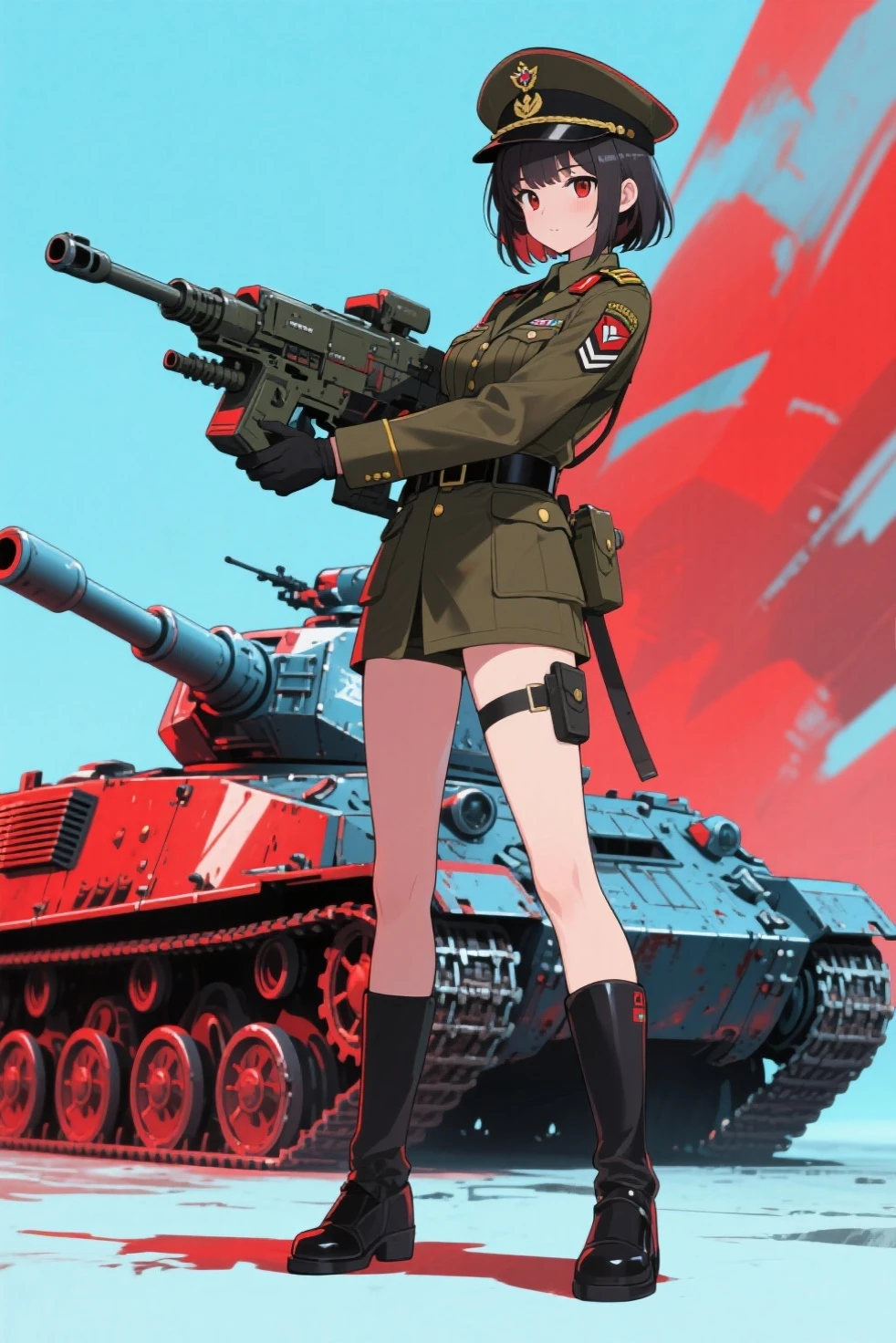 <lora:Bombshell_Tits_Tanks_2023_11_11_step_001_fin:0.9>(red dorill hair:1.2)  \Bombshell_Tits_Tanks\, Military Vehicles, Military, Tanks,  Gigantic Breasts, in a (hypermarket stage:1.3)