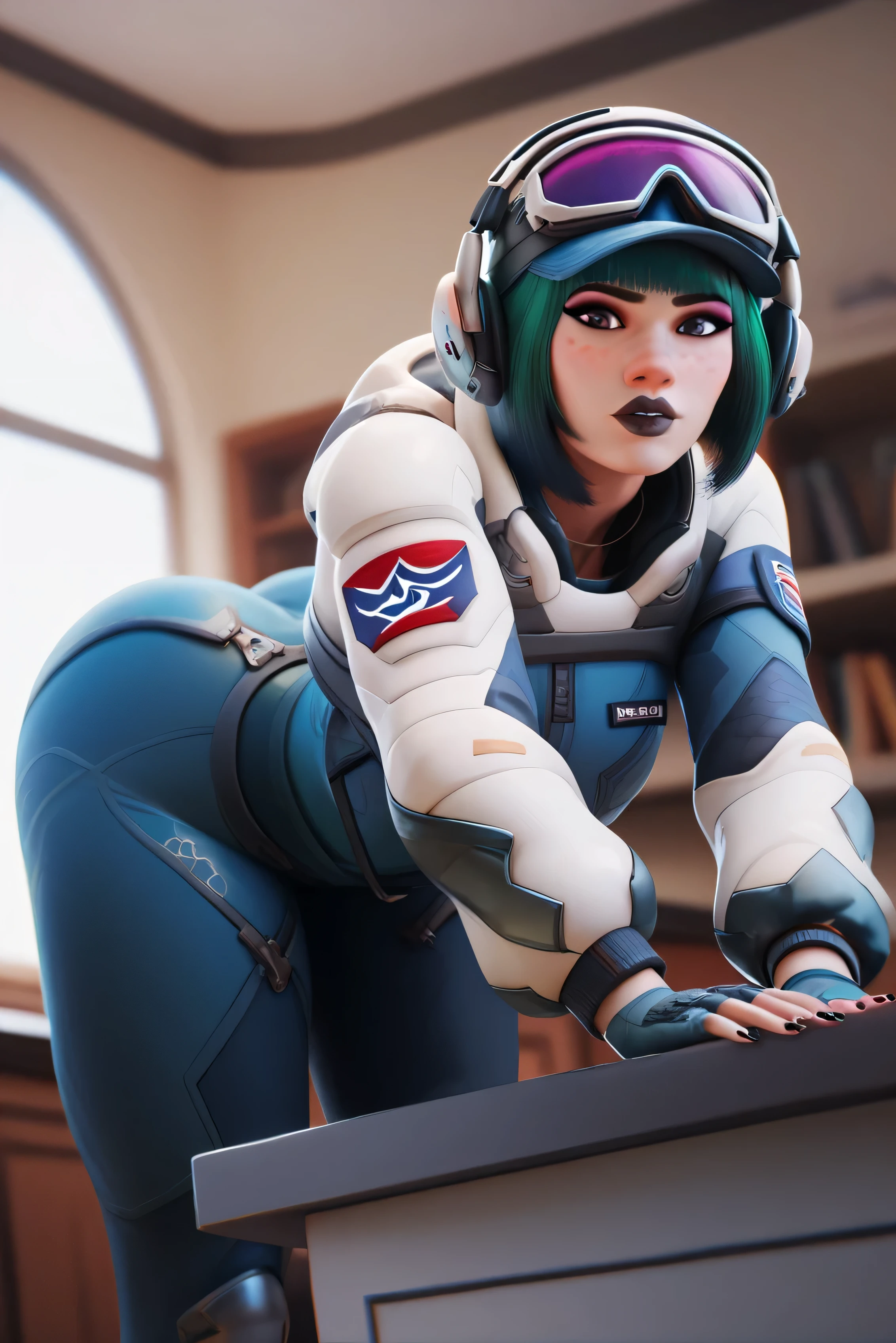 score_9, score_8_up, score_7_up, score_6_up, low angle, score_9. score_8_up, score_7_up, score_6_up, score_5_up, score_4_up, Ela, ela elite \(Rainbow Six Siege\),ela, ela \(Rainbow Six Siege\ HD, perfect masterpiece,score_9, score_8_up, score_7_up, score_6_up, score_5_up, score_4_up, score_8_up, score_7_up, Freckles, fFaceDetail, beautiful face, high detailed face, curvy body, jewelry, necklace, make up, bimbo lips, perfect eyeliner, black nails, black lips, fingernails, fingerless gloves, eyeshadow, lips, green hair , bob cut hair, red blush,(pov: Behind), 1girl, Juno (overwatch 2), curvy waist, skinny, butt, small, bent over, big butt, exposed , Embarrassed, ass, jn0, space suit, stretching, big ass in the camera pov