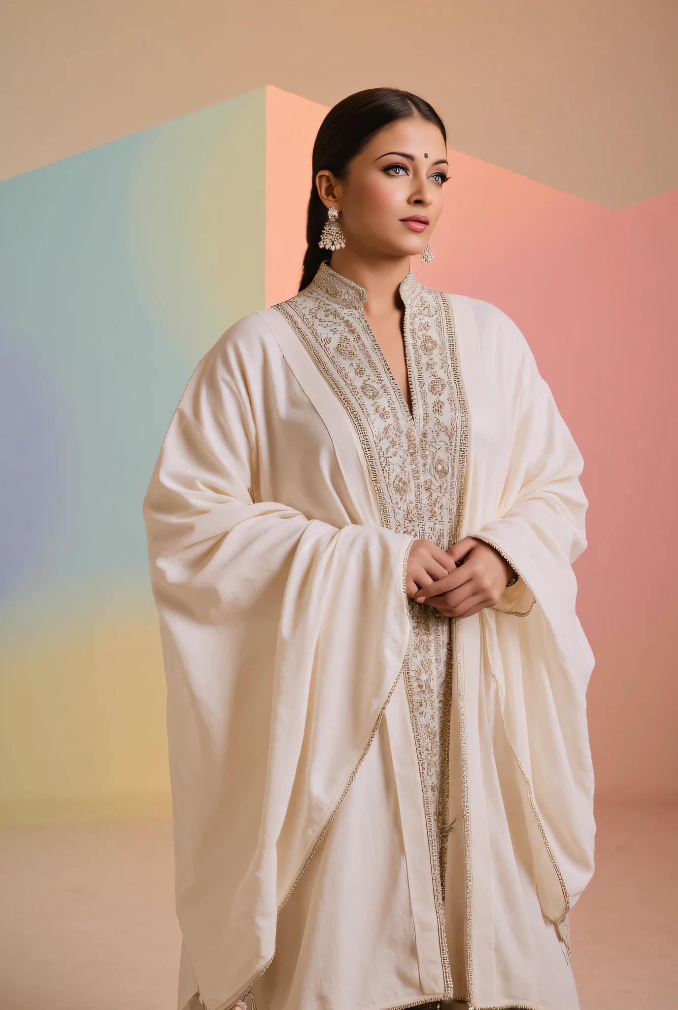 Highres photo of a 30-year-old woman,full body, anuLoraXL_gnd, in (kaftan:1.2)<lora:anuLoraXL_gnd:0.8>,