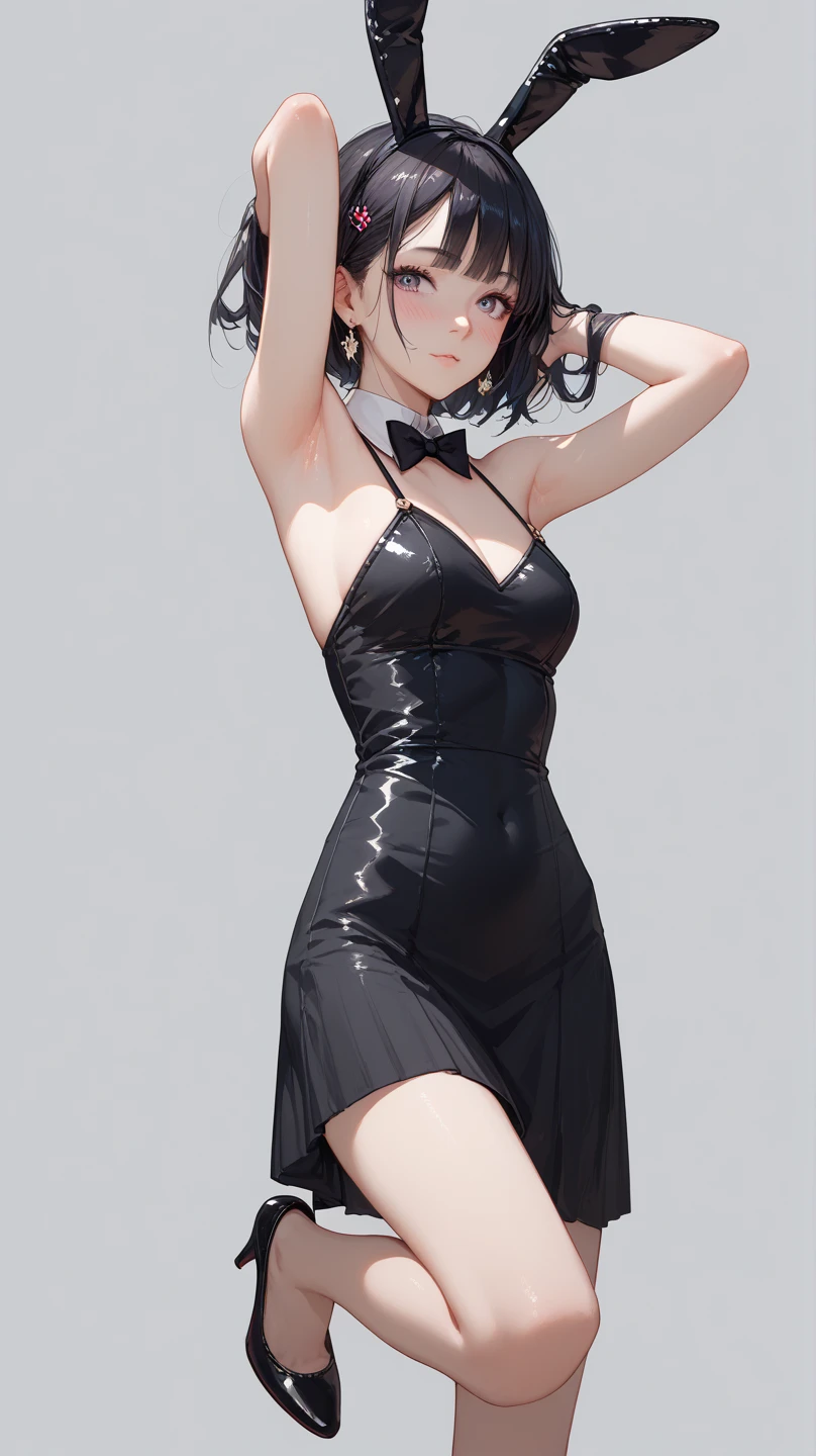 absurdres, RAW photo, extremely delicate and beautiful, masterpiece, Best Quality, ultra high resolution, 32k, hyperrealistic, ultra-detailed, perfect anatomy, anatomically correct, perfect figure, super Detailed skin, 20 years old, very Slim body, narrow waist, very small head, very small face, delicate facial features, detailed face, detailed eyes, tearful mole, earring, thin legs, bare legs, very huge round breasts, short medium hair, ((wavy hair)), wet clothes, ((black gorgeous long dress)), ((regalia)),