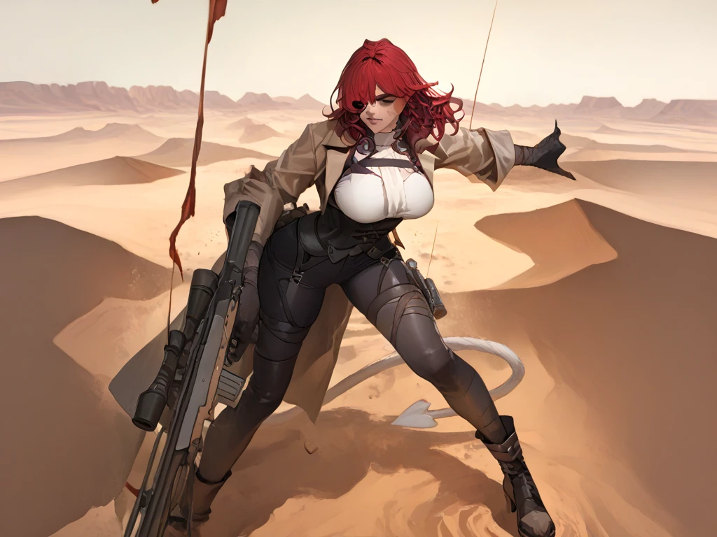(Top Quality, 8k), Seductive woman in a post-apocalyptic setting, on an arid planet where the moon is unusually close, Ultra-detailed, Sexy, curvaceous figure, Radiant, shimmering skin, softly glowing in the dim light, Wearing tattered yet elegant clothing, Hints of intricate patterns and bold colors, Eye-catching accessories adorn her body, Hair styled in a wild, windswept mane, Lips slightly parted in a sultry expression, In the background, a hauntingly beautiful landscape of rust-red dunes and craggy cliffs, Glowing neon signs of abandoned structures peek