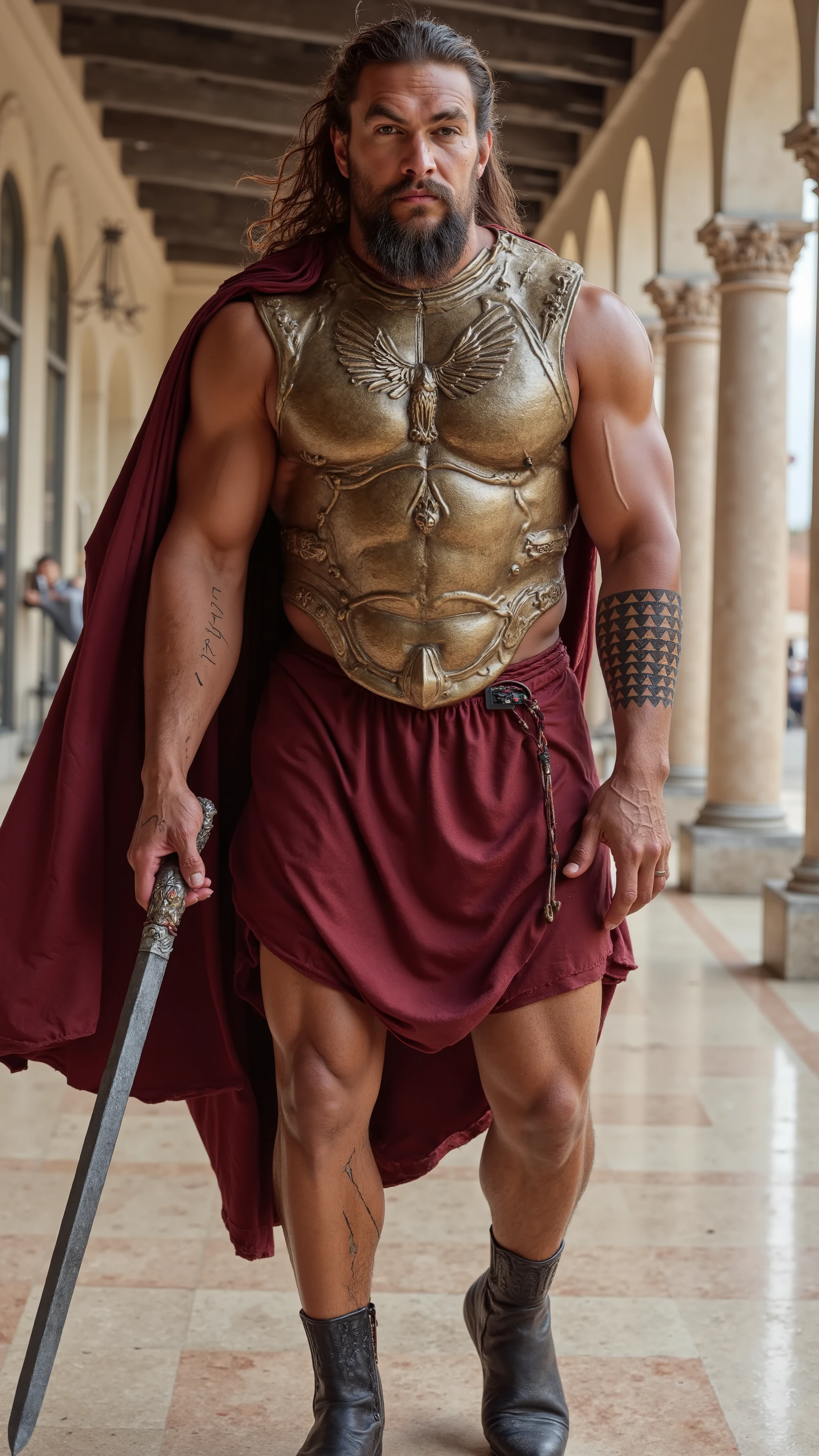 Masterpiece, an insanely handsome muscular young east european spartan warrior wearing in roman toga, with spartan decorations on the body, masculine, tall, strong, , standing in ancient greek temple, well endowed, (high detail:1 1), rough face, natural skin, high quality, beautiful eyes, (detailed face and eyes), (face: 1 2), noise, extra, real photo, PSD, lamp film photography, sharp focus, contrast lighting, detailed skin, high resolution 8k, crazy detail, realistic, professional photography, 8k UHD, SLR camera, soft lighting, high quality, film grain, Fujifilm XT3