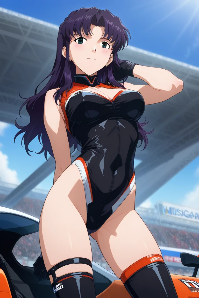 A girl with long straight purple hair and purple eyes with tan skin and full breasts standing straight facing the viewer in a uniform, perfect,