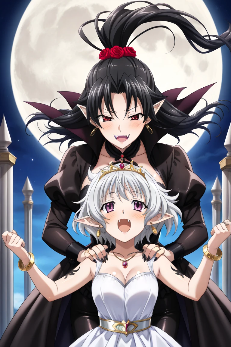Outside castle top High level image quality best image quality 8K adult woman silver castle outside more colors whole body view portrait bikini horn ears short hair((shortcut)(gray hair)(perm)(fluffy)) eye color is blue , , attractive evil face , smile , sexy pose , labrynth , barearm gloves , wearing pink , wings , sitting on face statue ,holding her weapon , crossed legs, view heels , view foot arc