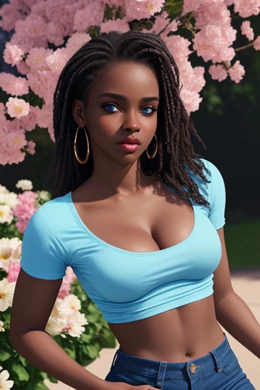 Tabletop, beautiful, 4K, Highest quality, beautifulface, beautiful expression,Cowboy Shot,Brown Hair、thick, Big Hips, Thick thighs, Fuller lips,Natural Skin、((Glamorous Body))、((tight short skirt))、(Navel T-shirt)、((Squat with legs apart))、Cleavage,((Big Breasts))、((Sexy pose))、cute、Japanese beauty、idol、22 years old、((Looking at the viewer)),(( dark skin:1.9 ))