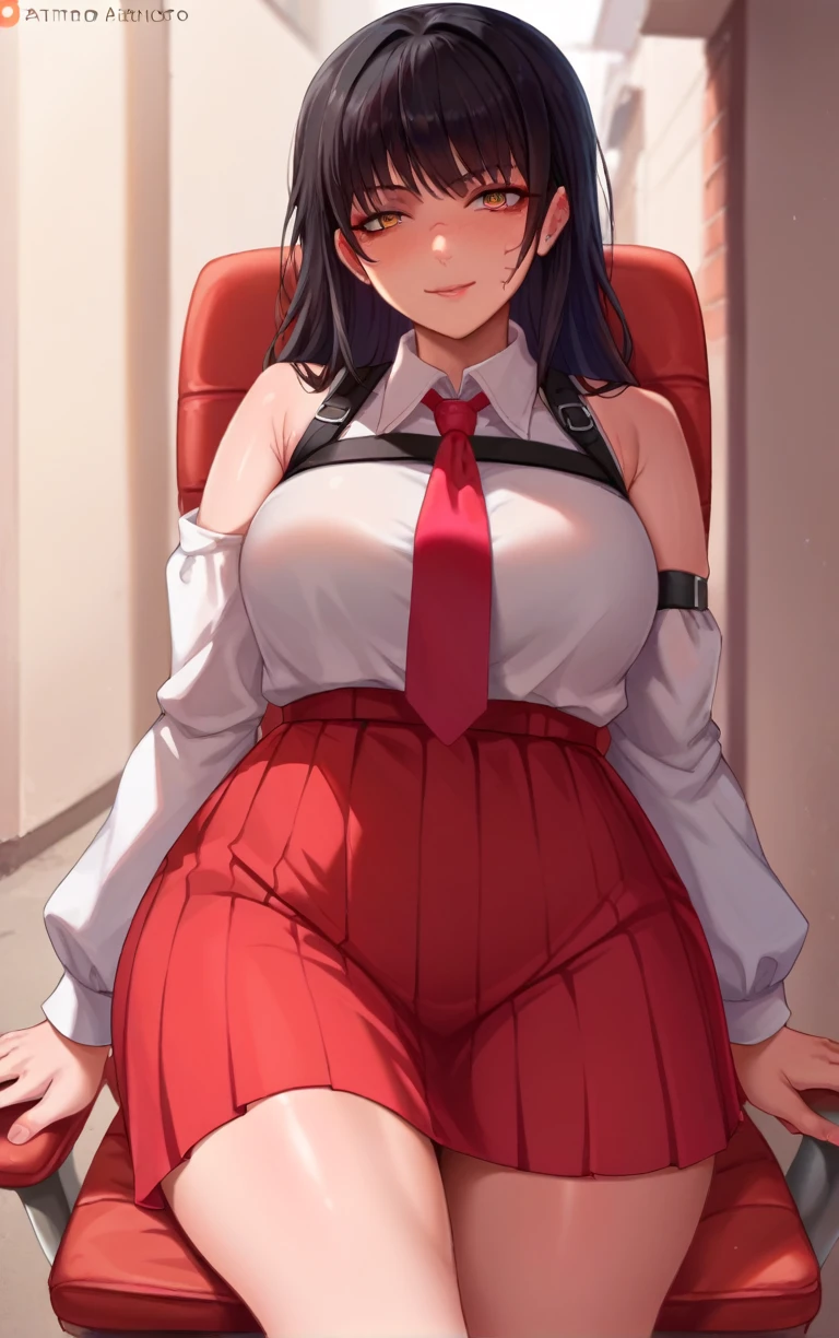 Beautiful MILF creature woman, she has purple skin and long black hair that is parted to the left with hair accessories, she has a slim frame, huge round juicy firm breasts, very busty, she also has big thighs, she is wearing a red off-the-shoulder sweater with much cleavage, she is sitting down in a chair with her computer setup in her cozy room, purple skin